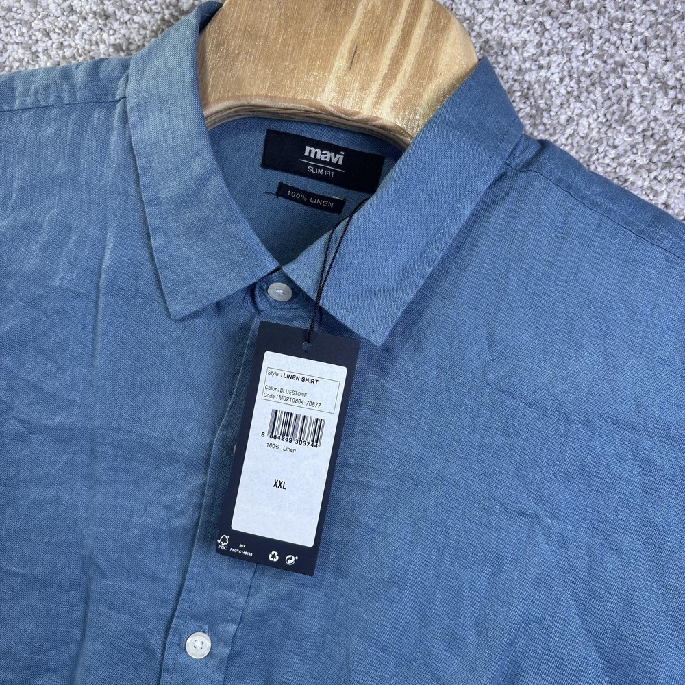 NWT Mavi Shirt Mens 2XL Blue Solid Long Sleeve Linen Slim Fit Button Up Casual